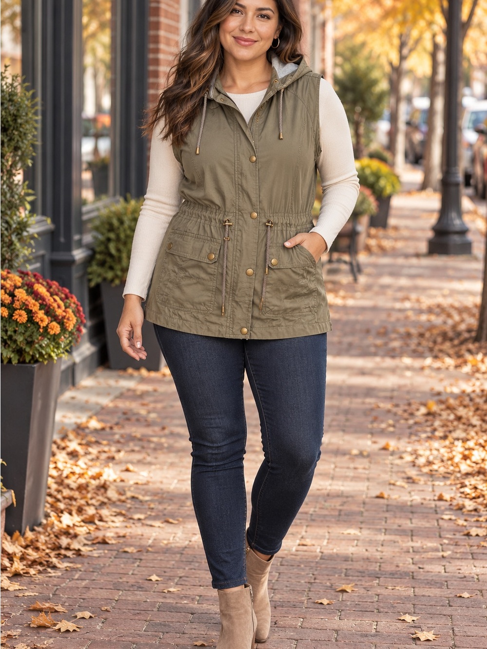 YMI Collection Olive Hooded Utility Anorak Vest Women’s XL